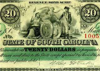 HGR 1872 $20 State of South Carolina GEM UNCIRCULATED  