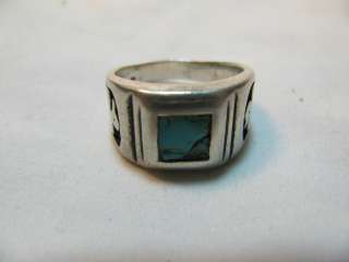 NATIVE AMERICAN SOUTHWEST STERLING & TURQUOISE RING w EAGLE SYMBOLS 