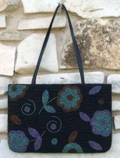 Beaded Purse Handbag Bag Black with Flowers  