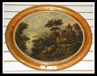 Antique French Landscape Oval Oil Painting w Country Home & Figures NR 