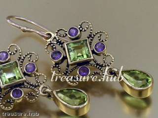 EXQUISITE 9ct SOLID Gold PERIDOT AMETHYST Drop EARRINGS  