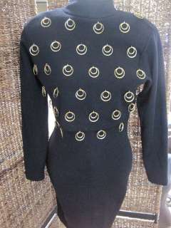 Black Andrea Jovine Fitted Wool w/ Gold Embelishment Cocktail Dress 8 
