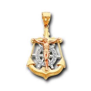 14K Solid Yellow 3Color Gold Jesus Anchor Charm Pendant  