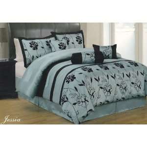  Jessica Aqua, Black Floral 7Pc Comforter Set King Size Bed 