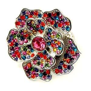   Multi Colored Crystal Studded Flower Stretch Fashion Ring Jewelry