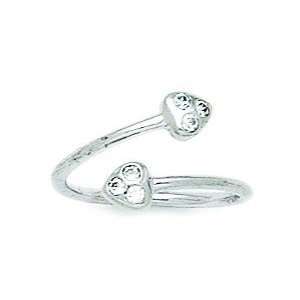 14k White Gold CZ Top Adjustable Double Hearts Body Jewelry Toe Ring 