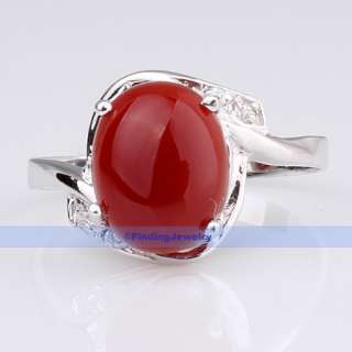 Genuine 10x8mm 2CT Oval Red Agate Silver Ring Size 7.5  
