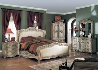 3Pc Traditional French Antique Whitewash King Sleigh Bed Marble 