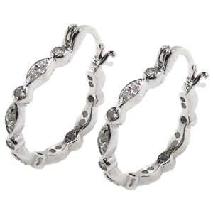 Sterling Silver with White Cubic Zirconia Antique Style Hoop Earrings 