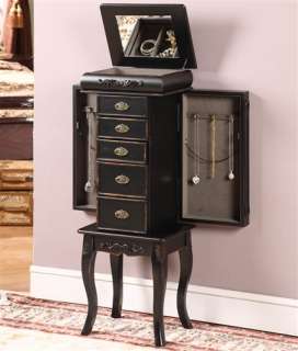 Our distressed black antique style jewelry armoire has old world charm 