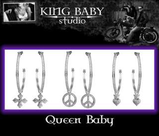 Queen Baby LARGE CZ Hoop earrings Heart Cross Peace 925  