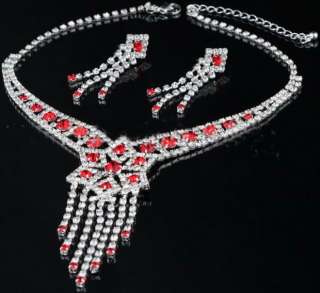 BRIDAL RED&CLEAR CRYSTAL FLOWER TASSEL ETHNIC STY NECKLACE EARRINGS 