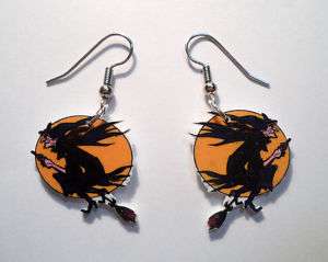 WICKED WITCH ON BROOM EARRINGS CHARMS FULL MOON  