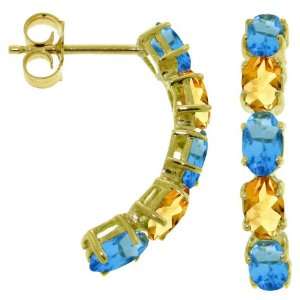  14k Gold Pin Earrings with Genuine Blue Topazs & Citrines 