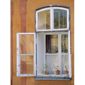 Window and Flower Pots, Tabor, South Bohemia, Czech Republic, Europe 