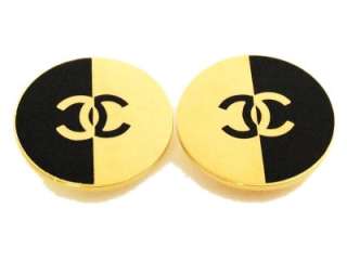 Authentic vintage Chanel earrings black and gold CC large round clip 