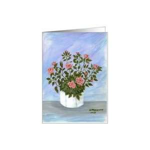  Pink rose bush in white flower pot note card stillife Card 