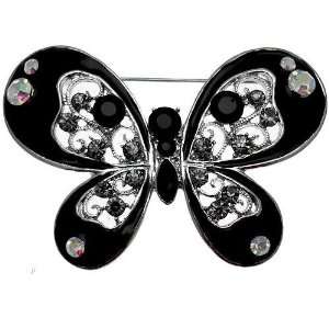   Brooches   Crystal & Enamel Black Butterfly Brooch (Silver Tone