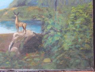   Deer On Rivers Edge * Folk Art Painting on Canvas   Circa 1850  