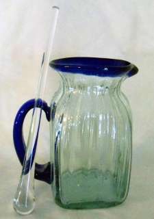 Mexican Glass Juice/ Water Pitcher with Cobalt Blue Trim  