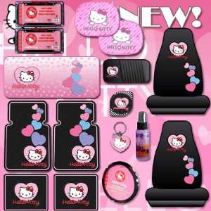16PC HELLO KITTY CAR MATS, STEERING WHEEL COVER, SEAT COVERS, KEY 