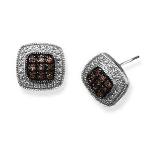   Rhodium Plated Square Champagne Diamond Post Earrings Jewelry