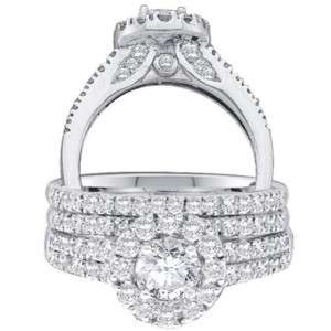   Round Halo Pave Engagement Ring Wedding Band Bridal Set 14k White Gold