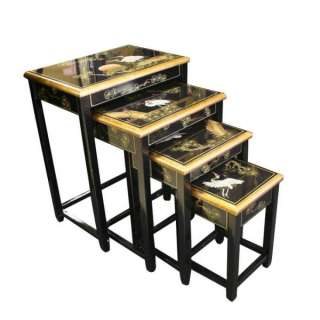 Elegant Oriental Nesting Tables Drawn Cranes Design Set of 4  