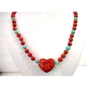   19 Sponge Coral & Turquoise Necklace Heart Pendant 