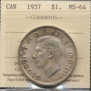 1937 Canada Silver Dollar ICCS Graded MS 64  
