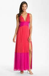 BCBGMAXAZRIA Deep V Color Block Silk Chiffon Gown $358.00