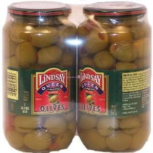 Lindsay pimiento stuffed olives, queen, 2 21 ounce glass jars 42 oz 