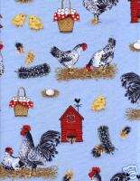FARM & COUNTRY cotton fabric ROOSTERS CHICKENS 34 long  
