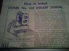 LIONEL 148 DWARF SIGNAL INSTRUCTIONS DATED 10/57