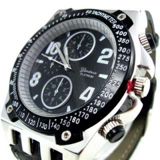 Geneva Platinum Mens White Stitch Black Leather Watch GP6308  