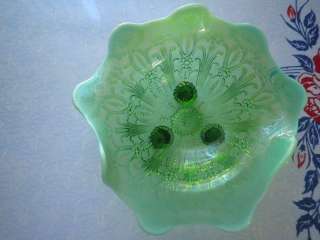 Antique Northwood Glass Co Green Pearl Flowers Bowl  