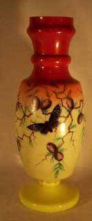   Rare Hand Painted Bristol Glass Vase Pine Butterfly Yellow & Orange