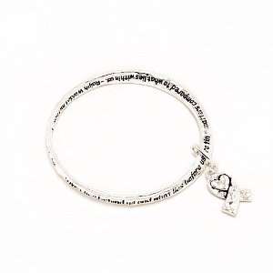   Engraved Bangle Bracelet Silver Metal with Heart Ribbon Charm Jewelry