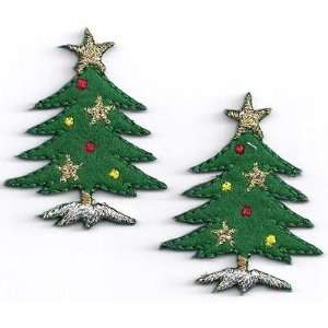 Christmas Trees w/Gold Stars & Silver Base  Iron On Embroidered 
