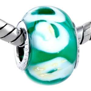   Glass Bead Green Murano White Swirl Fit Pandora Bead Charm Bracelet