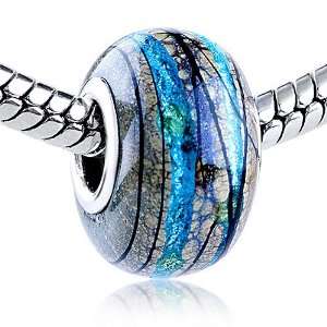 Murano Glass Bead Glitter Blue Crusted Fit Pandora Bead Charm Bracelet