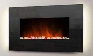 Electric Wall Mount Fireplace 36 Crystal Black Glass Pebbles Blowout 