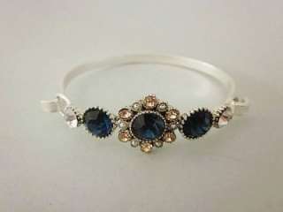 PILGRIM Blue Glass Crystal Flower Charm Silver Tone Bangle Bracelet 