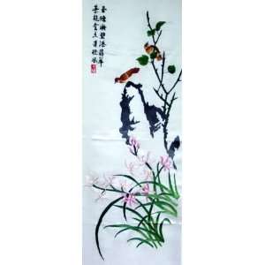  Chinese Silk Embroidery Wall Hanging Flower Bird Orchid 