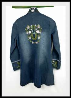 Denim Jacket Blazer Beaded Embroidered Womens Size 12 Long Duster 