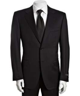 Canali black pinstriped wool 2 button suit with flat front pants 