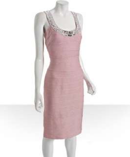 Carmen Marc Valvo pink shimmer jeweled scoop neck bandage dress 