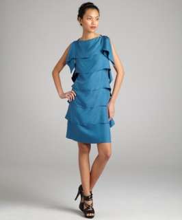 Bottega Veneta danube blue tiered stretch silk dress with black zip 