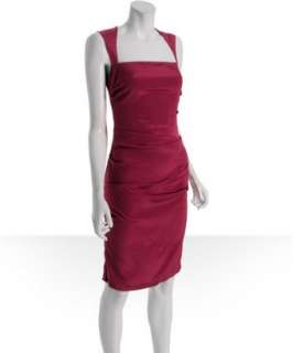 Nicole Miller raspberry red stretch silk ruched square neck dress 