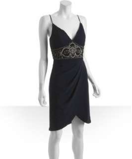 Sue Wong navy silk blend embroidered wrap front dress   up to 